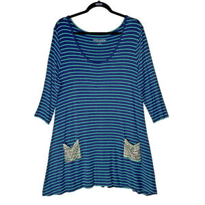 Soft Surroundings Tunic Top Blouse Size Large Blue Striped 3/4 Sleeves Lagenlook